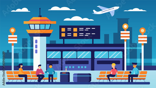 An airport terminal is designed using data on passenger traffic and flight schedules resulting in an optimized layout that minimizes wait times and increases efficiency.. Vector illustration
