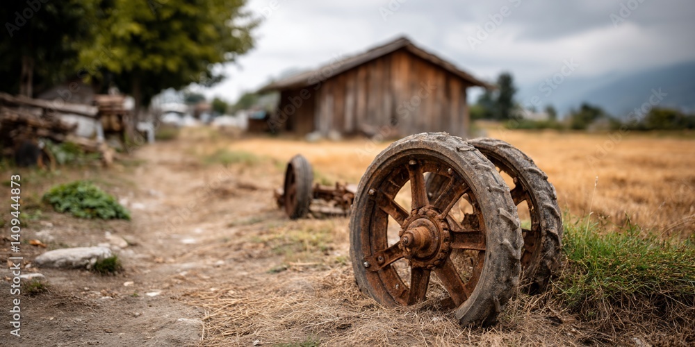 Obraz premium Rusty Farm Wheels on Dirt Path
