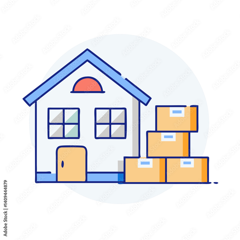House icon with cardboard boxes symbolizing moving House icon with cardboard boxes symbolizing moving