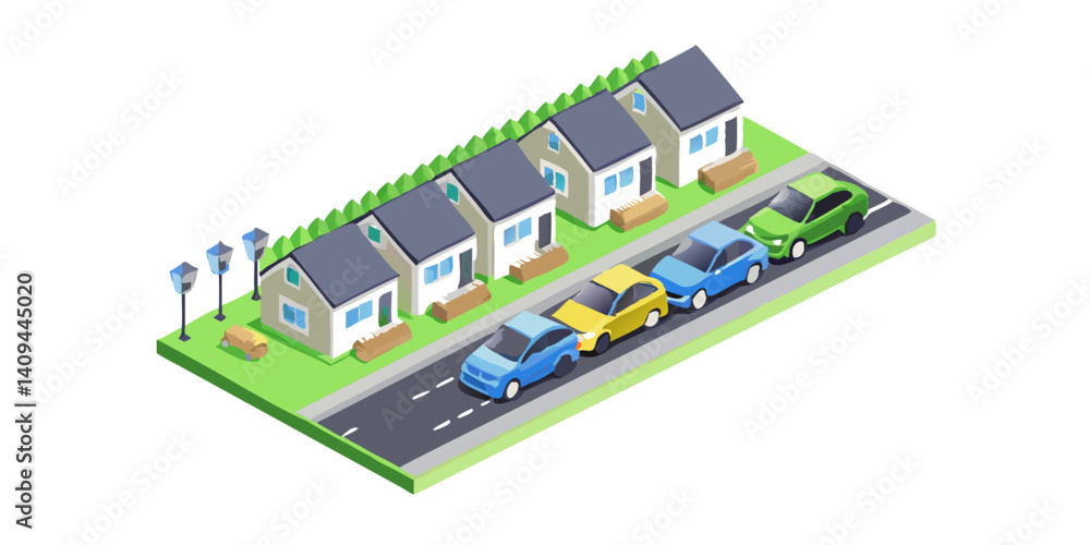 Naklejka premium Isometric suburban street with houses and parked cars