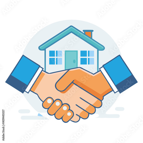 Handshake under house icon representing home buying deal