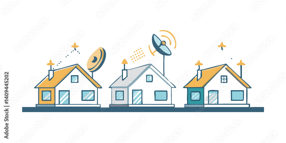 Row of smart houses with satellite dishes and antennas Row of smart houses with satellite dishes and antennas