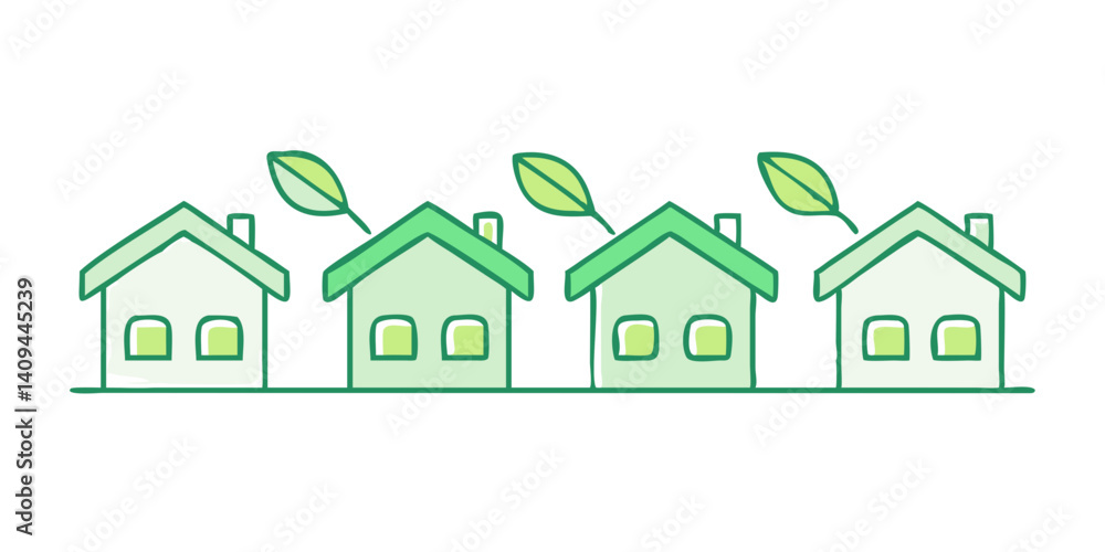 Linear row of green houses with decorative leaf icons Linear row of green houses with decorative leaf icons