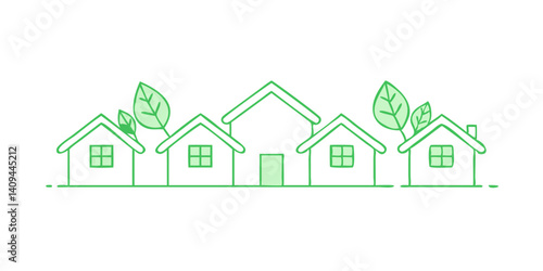 Eco-style houses with leaves in green outline design