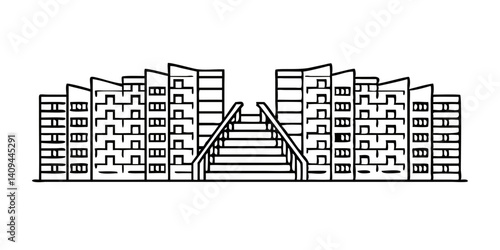 Black and white illustration of apartment complex