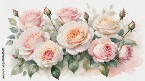 Delicate watercolor bouquet of roses with soft pink petals and lush green leaves