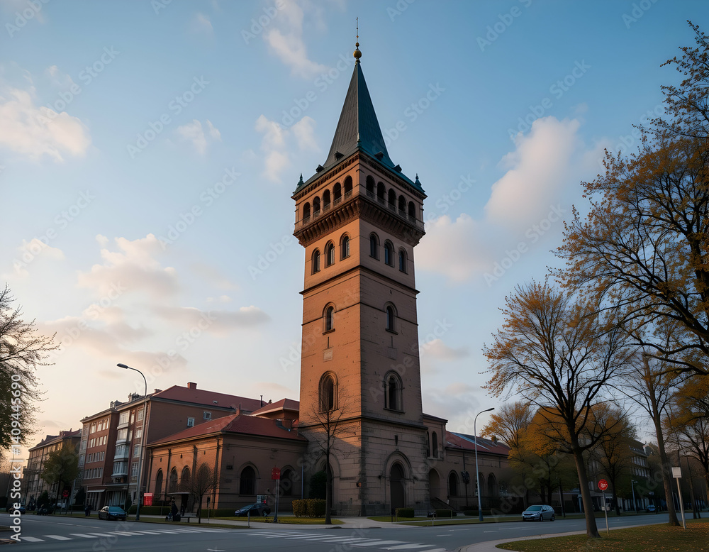 Obraz premium Viewing Tall Structure with Spire at Sunset in Urban Setting