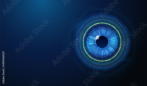 Biometrics Authentication Hud Overlay Over Eye Pupil. Abstract low poly art on computer vision and artificial intelligence technology in security industry concept by wireframe mesh on blue background