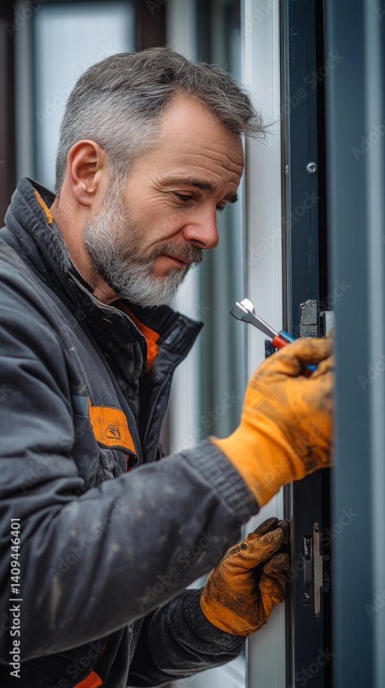 A man in work clothes repairs a door lock using a screwdriver..Websites and blogs about repair, construction, home maintenance.