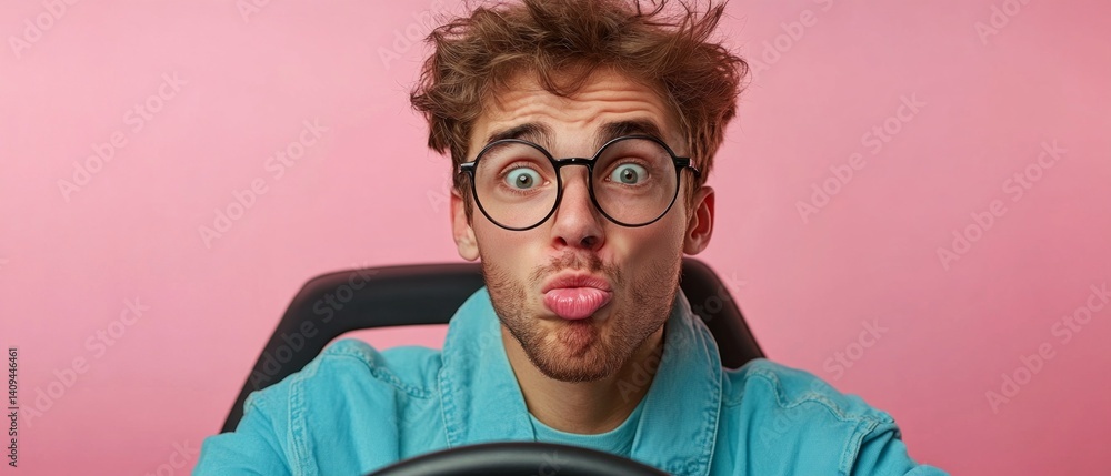 A young man with a surprised expression sits behind the wheel of a car. Advertising of driving schools, driving blogs, articles about road safety.