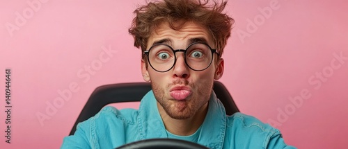 Obraz na płótnie A young man with a surprised expression sits behind the wheel of a car. Advertising of driving schools, driving blogs, articles about road safety. w salonie