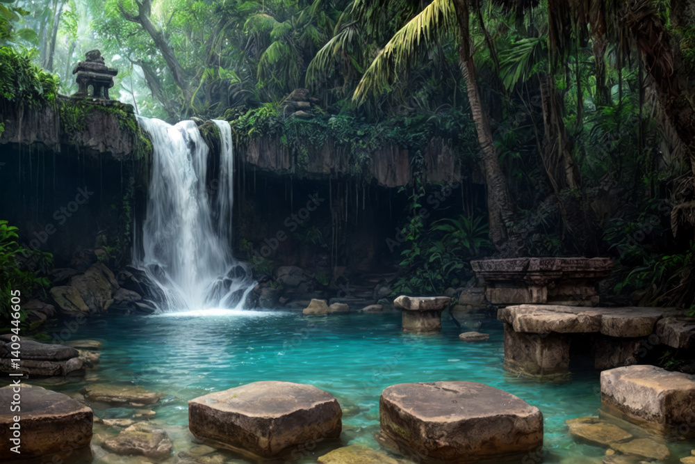 Naklejka premium Ancient Jungle Ruins with Waterfall - Fantasy Temple Background
