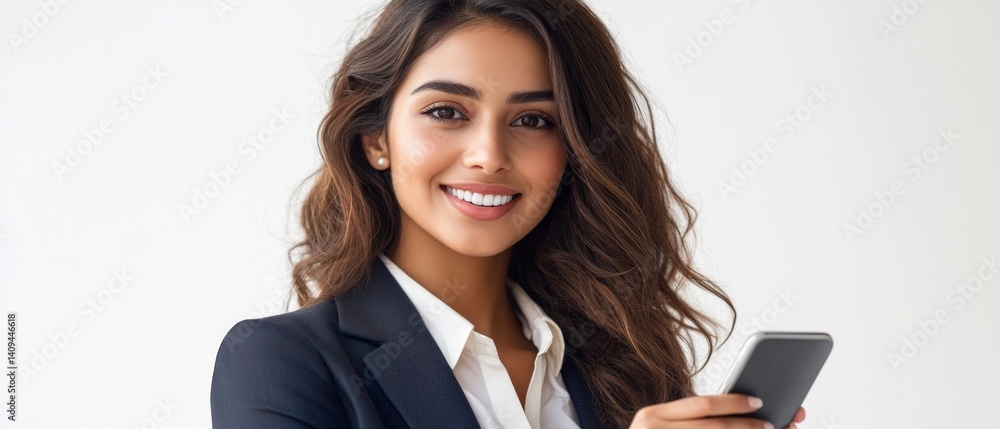 Smiling girl with long brown hair in business suit holding a phone on white background. Useful for business themes, gadget ads, professional portfolios.