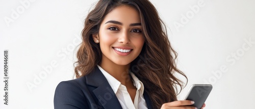 Obraz na płótnie Smiling girl with long brown hair in business suit holding a phone on white background. Useful for business themes, gadget ads, professional portfolios. w salonie
