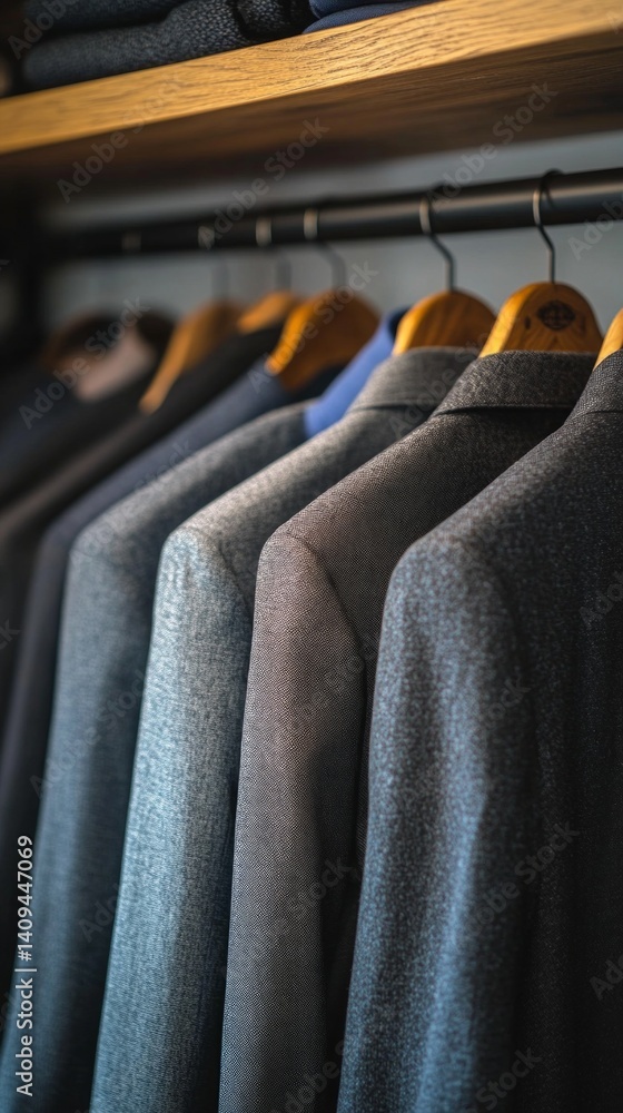 Stylish men's suits on hangers in closet, wooden hangers, soft lighting. Suitable for fashion blogs, clothing advertising, business topics.
