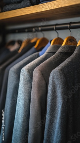 Obraz na płótnie Stylish men's suits on hangers in closet, wooden hangers, soft lighting. Suitable for fashion blogs, clothing advertising, business topics. w salonie
