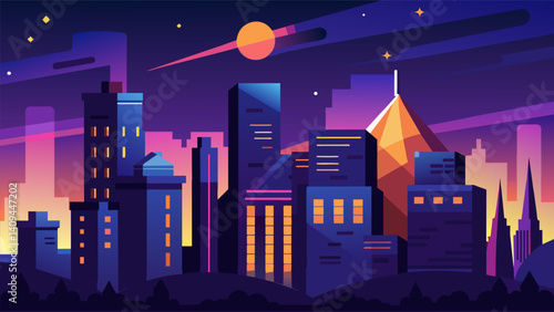As night falls the city comes alive with ling lights including the glowing eVTOLs darting through the sky.. Vector illustration