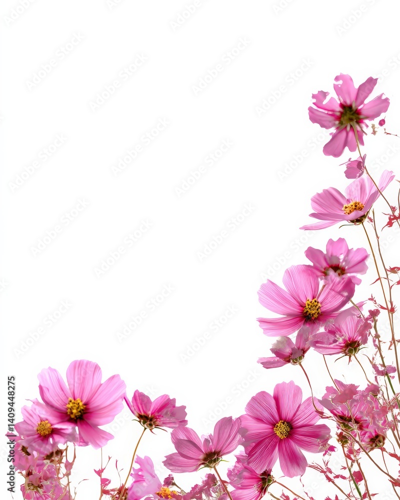 Fototapeta premium Pink cosmos flowers with delicate petals against a white background, arranged elegantly on the right side.