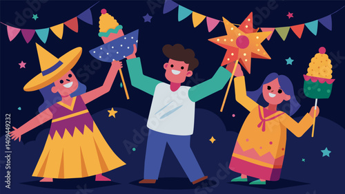 As the night comes to an end guests take home handmade papel picado and mini pi atas as a reminder of the joyful celebration they just experienced.. Vector illustration