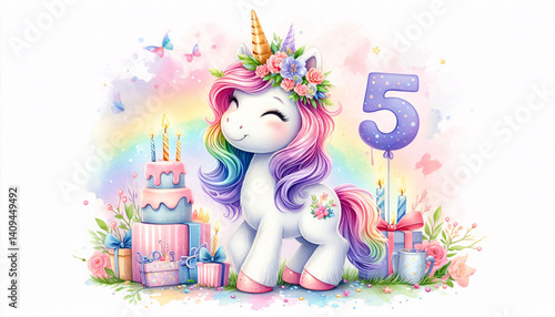 Watercolor unicorn in a colorful birthday cone hat with number 5, surrounded by balloons, glitter stars, and hearts.