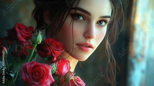 Wallpaper Mural Portrait of a Woman with Red Roses: Dreamy, Romantic Digital Art Torontodigital.ca