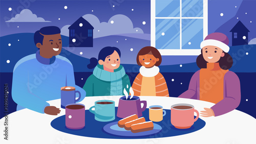 As the snow fell gently outside we gathered around the kitchen table for family time accompanied by mugs of hot chocolate and a platter of hot churros.. Vector illustration