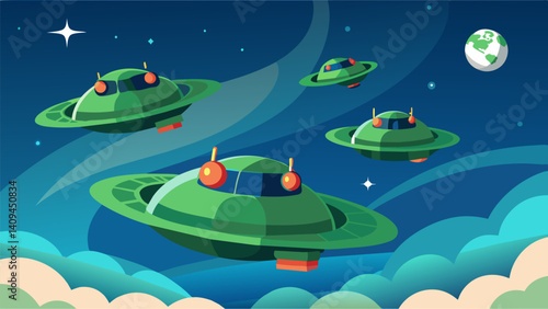 A squadron of hybrid hovercrafts silently skimming above the surface of the earth showcasing a new era of green transportation.. Vector illustration