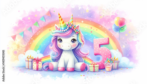 Watercolor unicorn wearing a colorful birthday cone hat, beside the number 5, with festive balloons, glittering stars, and hearts.