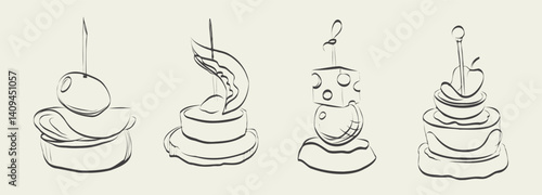 Finger food vector drawings. Food appetizer and snack sketch. Canapes. Suitable for banner, poster, label, menu, flyer. Food