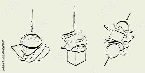Finger food vector drawings. Food appetizer and snack sketch. Canapes. Suitable for banner, poster, label, menu, flyer. Food