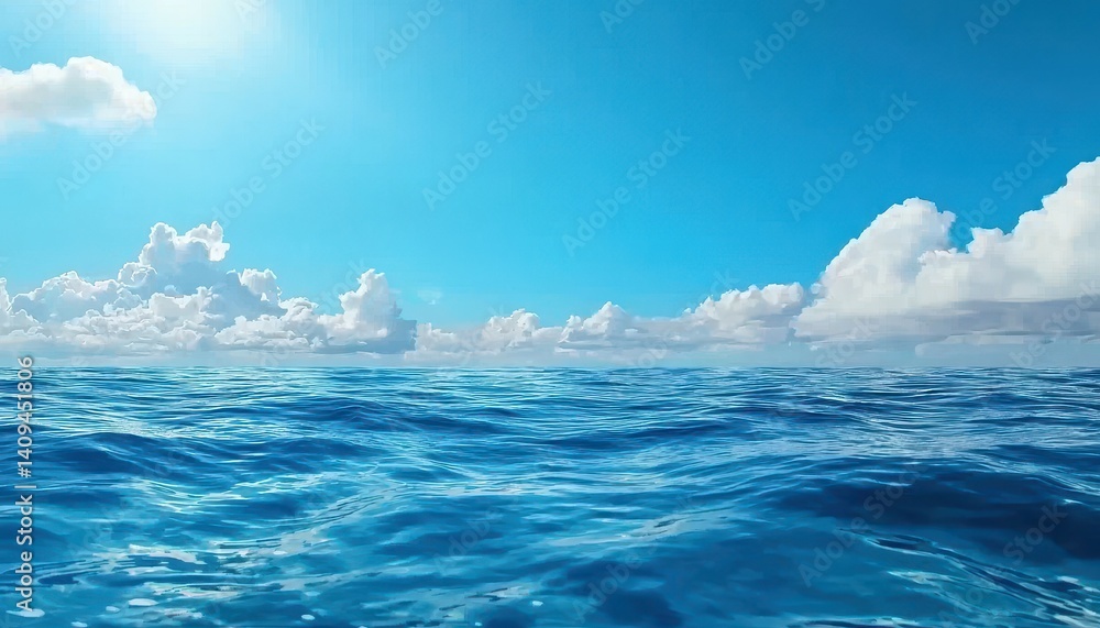 Fototapeta premium A serene view of the ocean under a bright blue sky filled with fluffy clouds.