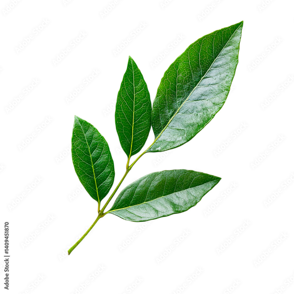 Fototapeta premium Lush Green Bay Leaves Sprig Isolated on Black Background,
