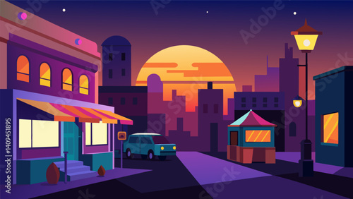 As the sun sets the street comes alive with ling lights and the taco vendor switches on colorful neon signs adding to the bustling ambiance of the scene.. Vector illustration