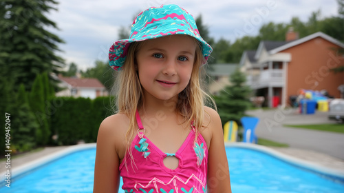 Smiling Girl in Pink Swimsuit by Backyard Pool