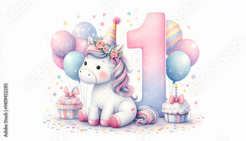 Adorable watercolor unicorn in a birthday hat, surrounded by pastel balloons and confetti, perfect for baby’s first birthday celebration. 