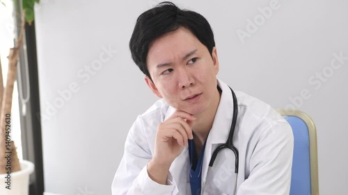 困り顔の白衣姿の若いアジア人男性