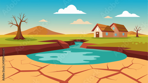 The cracked and parched earth in the farmyard pond reflected the farmers struggle to maintain their livelihood in the face of water scarcity.. Vector illustration