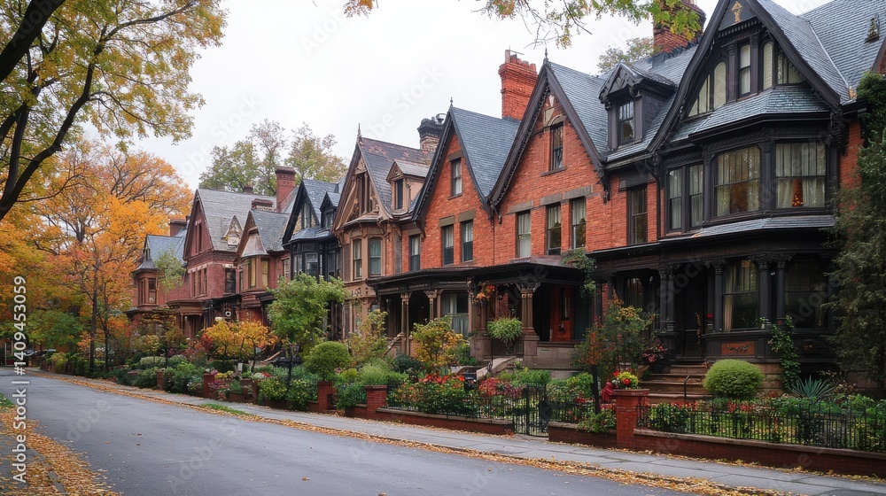 Obraz premium Charming autumn streetscape of historic brownstone homes in a vibrant neighborhood