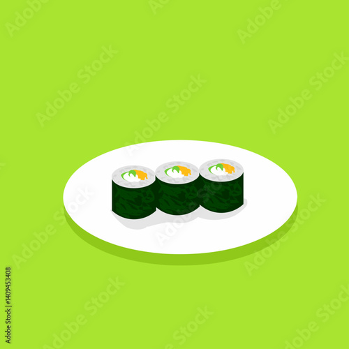 Vector illustration of three sushi rolls served on a white plate, presented in a clean flat design style.