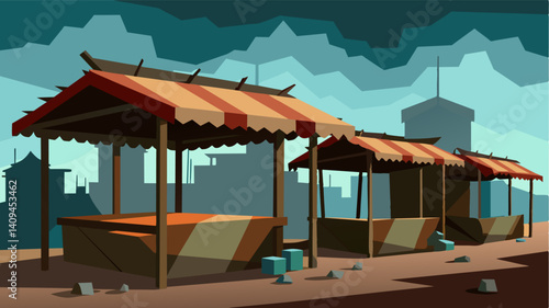 The abandoned stalls are like empty shells their roofs sagging and their walls splintered a stark contrast to the thriving businesses they once housed.. Vector illustration