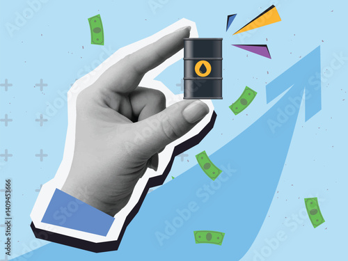 Black and white hand holding an oil barrel. Modern collage style. Vector illustration