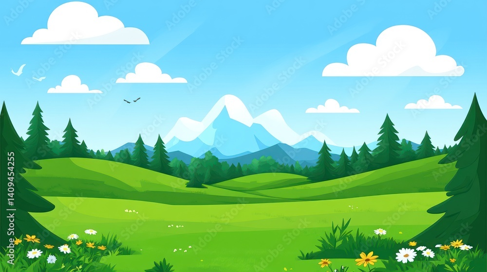 Fototapeta premium Scenic view of a lush, mountainous meadow.