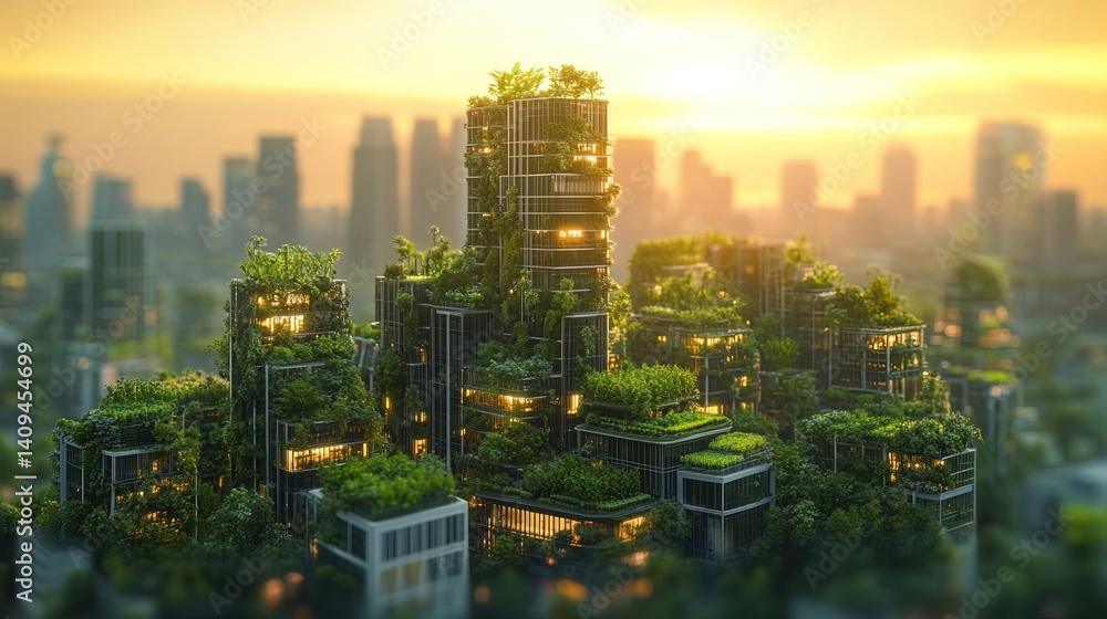 Obraz premium Green Cityscape at Sunset