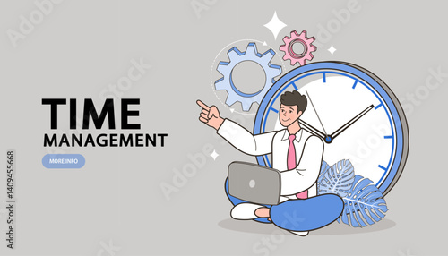 A successful businessman works efficiently on his laptop next to a large clock, symbolizing effective time management. This concept illustrates productivity, strategy, and meeting a deadline.