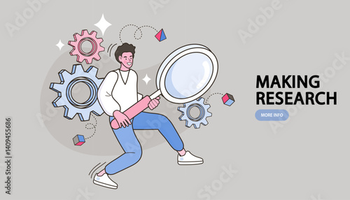 Business entrepreneur with cog wheels. Entrepreneur standing on gear wheels with effective business elements. Project initiation or project execution