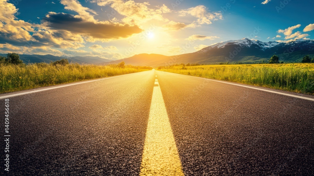 Sunny highway stretches into a scenic mountain landscape. Sunny highway stretches into a scenic mountain landscape.