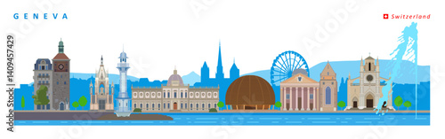 Geneva City landmarks vector illustration, Switzerland.