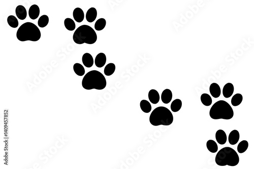 Black Paw Prints On White Background Animal Footsteps Illustration Vector Design Pet Silhouette Track Trail Cute Foot Mark, paw print, animal, pet, paw, dog, cat, footprint, track, illustration