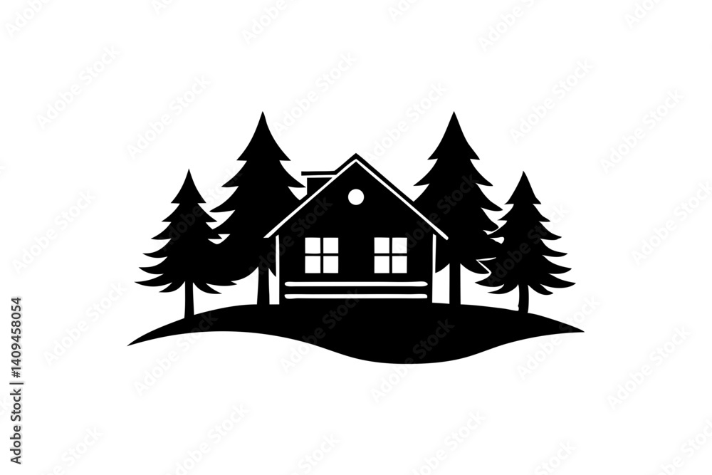 Isolated Silhouette Of A Cozy Cabin House Nestled Among Pine Trees In A Peaceful Forest Scene Graphic Illustration, cabin, house, tree, pine, forest, silhouette, black and white, landscape, nature Isolated Silhouette Of A Cozy Cabin House Nestled Among Pine Trees In A Peaceful Forest Scene Graphic Illustration, cabin, house, tree, pine, forest, silhouette, black and white, landscape, nature