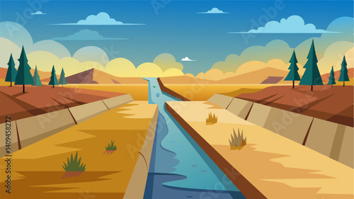The longdry canal has turned into a desolate wasteland of any signs of greenery or thriving crops.. Vector illustration